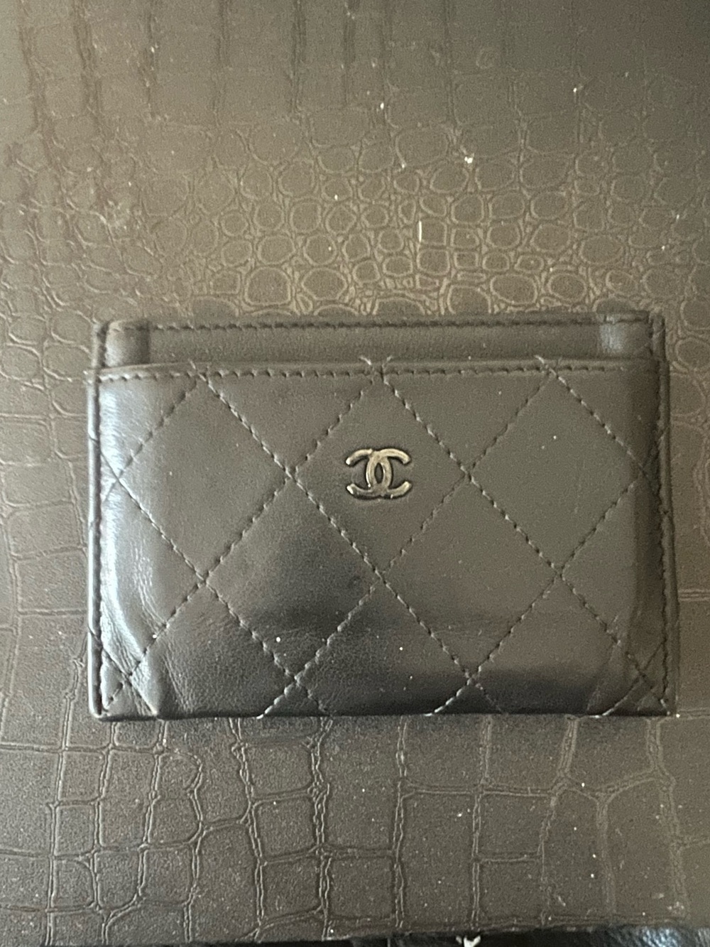 CHANEL Black Quilted Leather Card & Key Holder with CC Logo